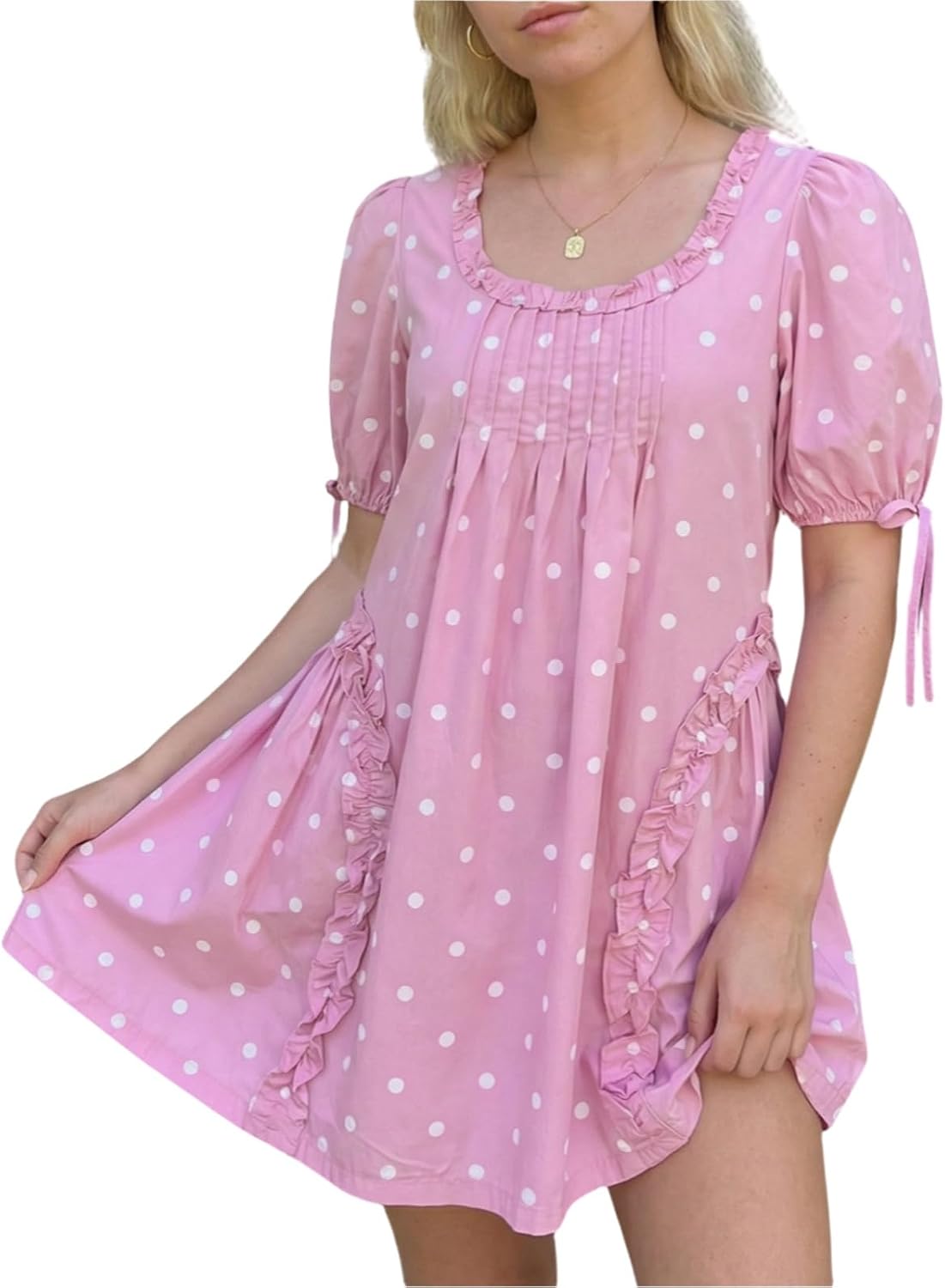 QLQLWDD Women Square Neck Babydoll Mini Dress Y2k Puff Sleeve Flowy Short Dress Loose Bow Tie Ruffle Trim Going Out Sundress