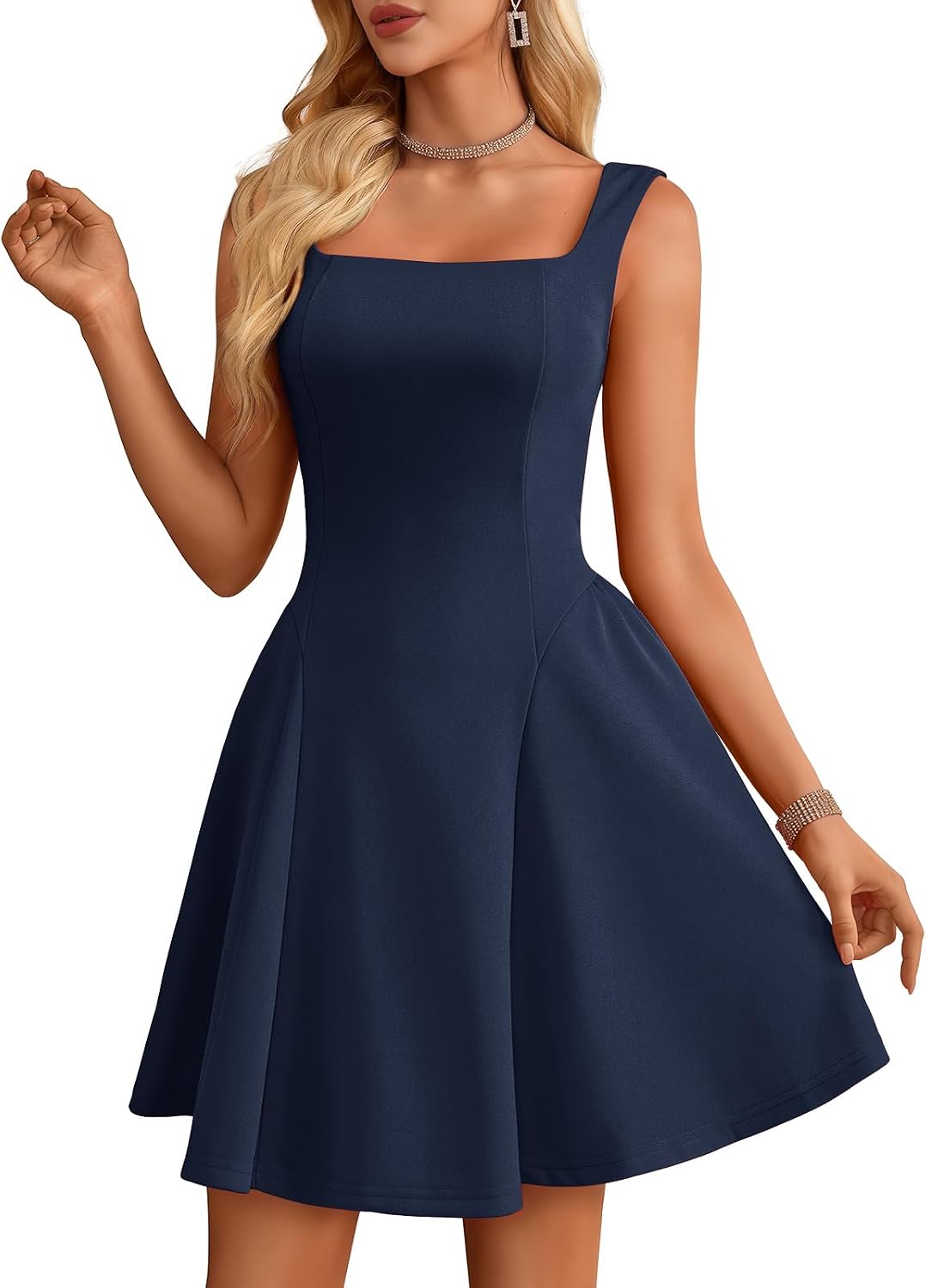 Bbonlinedress Womens Short Formal Wedding Guest Cocktail Homecoming Dress | Square Neck Sleeveless Semi Formal A-line Mini Dress for Teens, Wedding, Graduation, Birthday, Prom, Summer Party