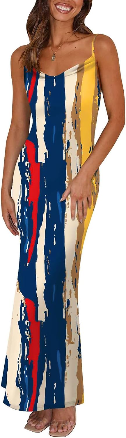 Floral Spaghetti-Strap Bodycon Maxi Dress in Navy Watercolour