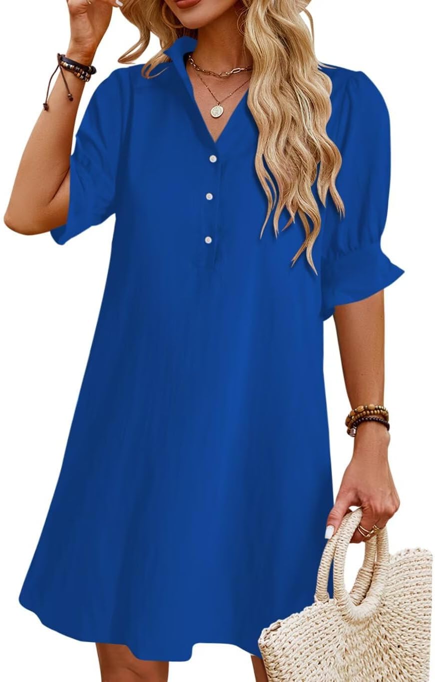 JPGLOV Womens Summer Shirt Mini Beach Dresses | Button Down Shift Dress,Ruffle Short Sleeve,Floral Boho Style,Side Pockets,Casual Vacation Hawaiian Wedding Guest Outfits