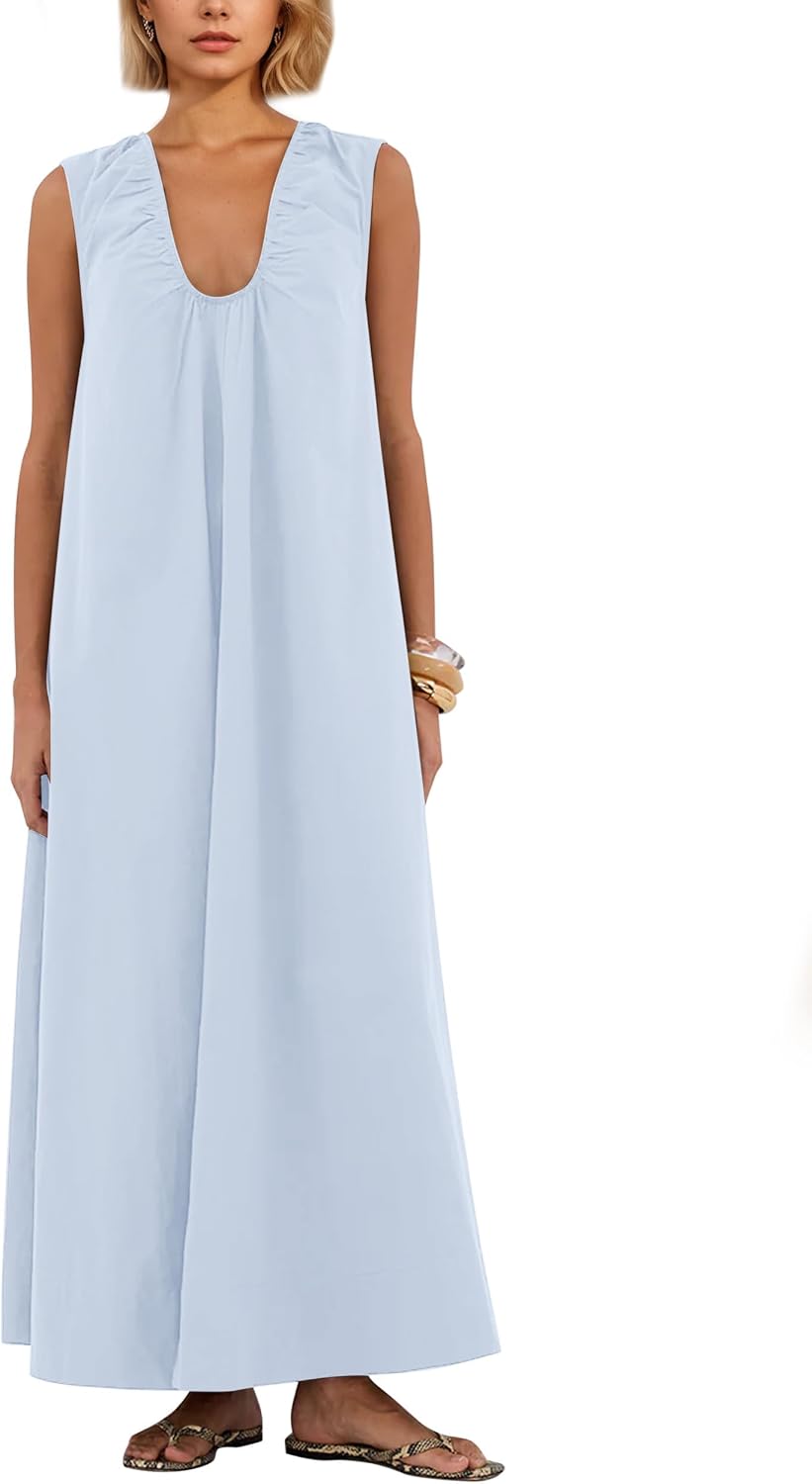 Ardrem Women Sleeveless Ruched Maxi Dress Scoop Neck Long Elegant Dresses Wide Shoulder Strap Blouse Dress with Side Pockets