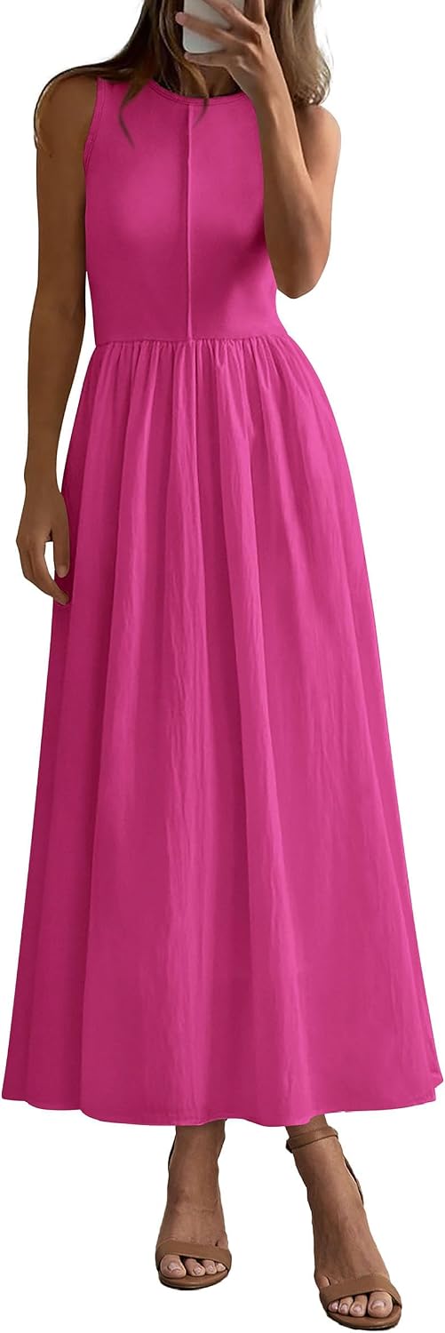 Ribbed Knit Sleeveless A-Line Maxi Dress in Rose Red