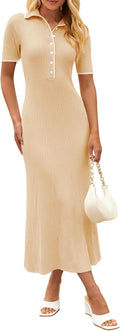 MEROKEETY Womens Summer Business Work Maxi Bodycon Sweater Dress 2026 | Short Sleeve, Button V Neck, Elegant Classy, Ribbed Knit, Slim Fit, Church Modest, Business Casual, Date Night Long Dresses