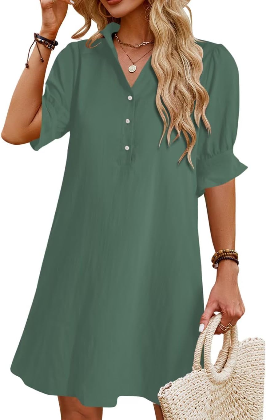 JPGLOV Womens Summer Shirt Mini Beach Dresses | Button Down Shift Dress,Ruffle Short Sleeve,Floral Boho Style,Side Pockets,Casual Vacation Hawaiian Wedding Guest Outfits