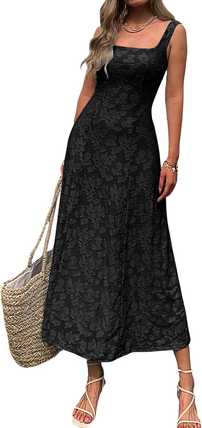 Mieazom Women\u2019s Floral Maxi Dress Square Neck Sleeveless A Line Summer Dress Elegant Fitted Bodice Flowy Long Sundress