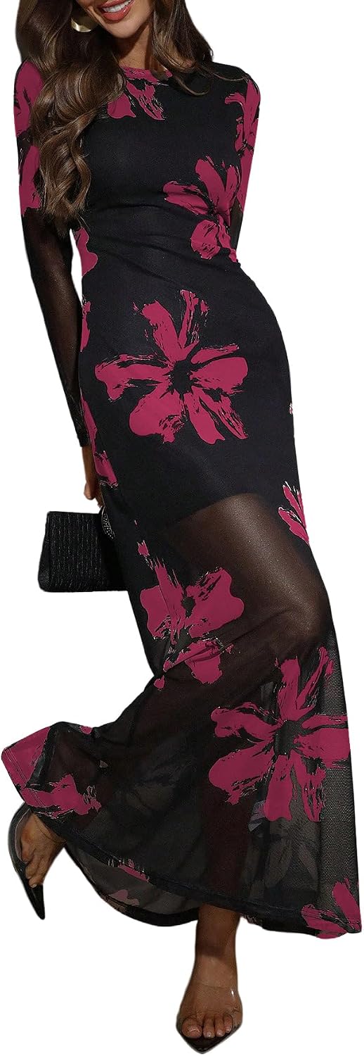 Floral Long-Sleeve Bodycon Maxi Dress in Black And Pink