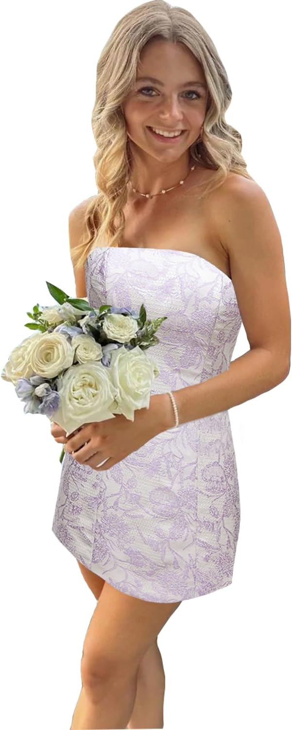 Flybridal Floral Mini Strapless Homecoming Cocktail Dress | Short Prom Graduation Birthday Party Dresses, Semi Formal Wedding Guest Outfit, Built in Bra, Lace-up and Zipper Closure
