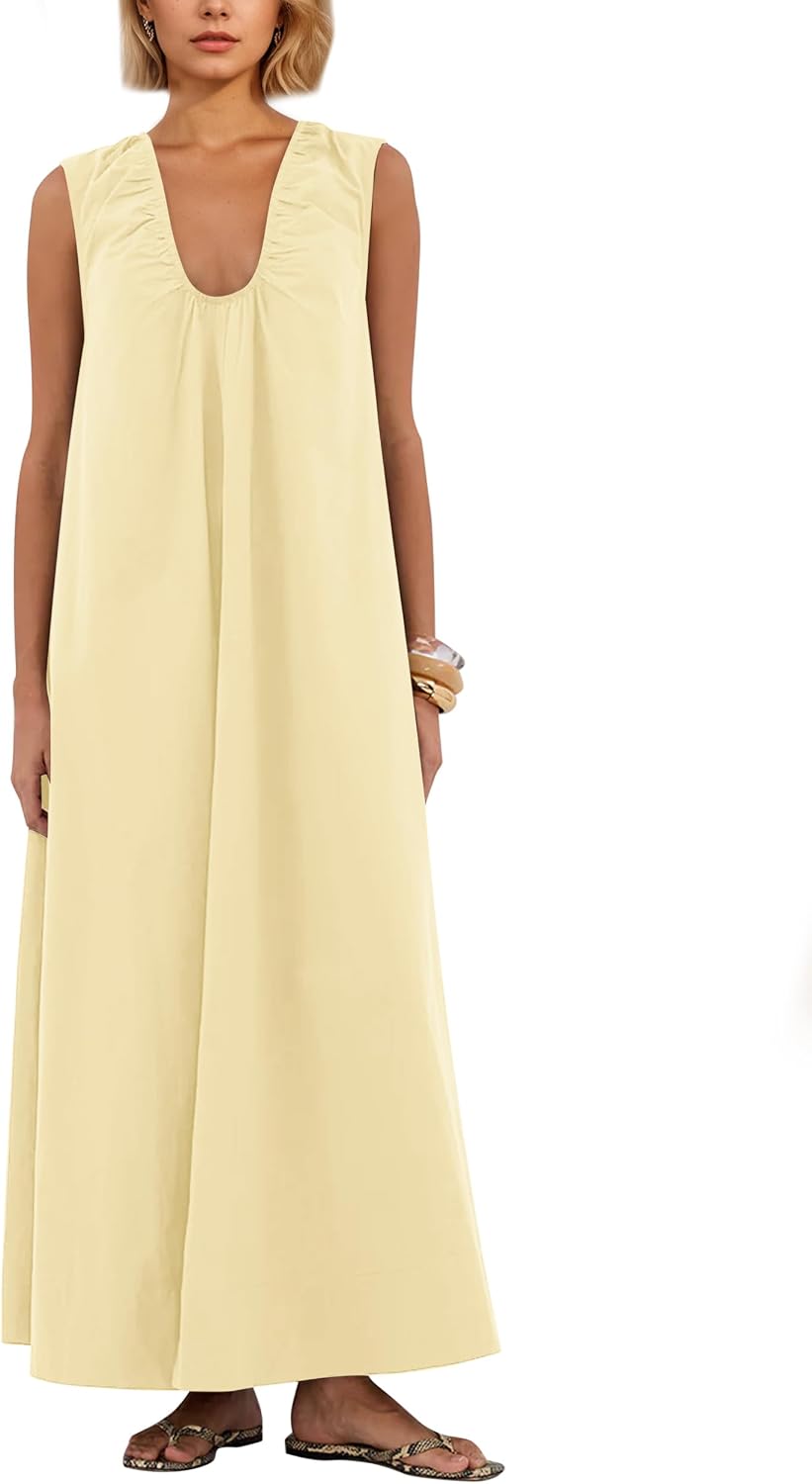 Ardrem Women Sleeveless Ruched Maxi Dress Scoop Neck Long Elegant Dresses Wide Shoulder Strap Blouse Dress with Side Pockets