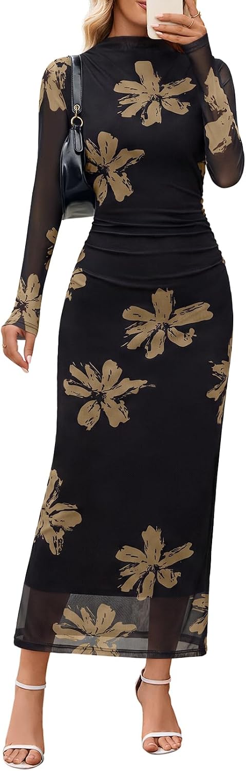 Floral Mesh Long-Sleeve Bodycon Maxi Dress in Black Khaki