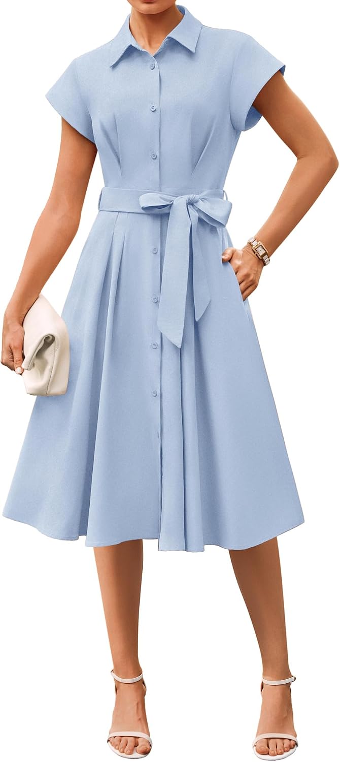 GRACE KARIN Womens Summer Work Business Casual Midi Shirt Dresses | 2026 V Neck Short Sleeve Button Down Collared Belted A Line Dress with Pockets Funeral Office Church Wedding Guest Outfits