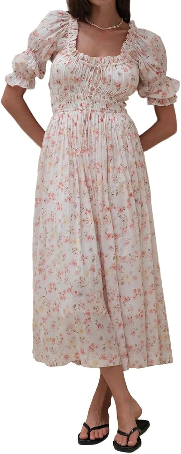 ABYOVRT Women Smocked Dresses Puff Sleeve Off Shoulder Flowy Midi Dress Baby Shower Summer Fall
