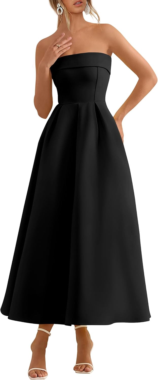 Tube-Top Strapless Midi Cocktail Dress in Black