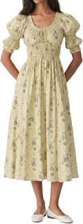 ABYOVRT Women Smocked Dresses Puff Sleeve Off Shoulder Flowy Midi Dress Baby Shower Summer Fall