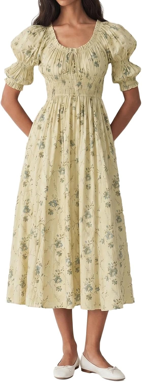 ABYOVRT Women Smocked Dresses Puff Sleeve Off Shoulder Flowy Midi Dress Baby Shower Summer Fall