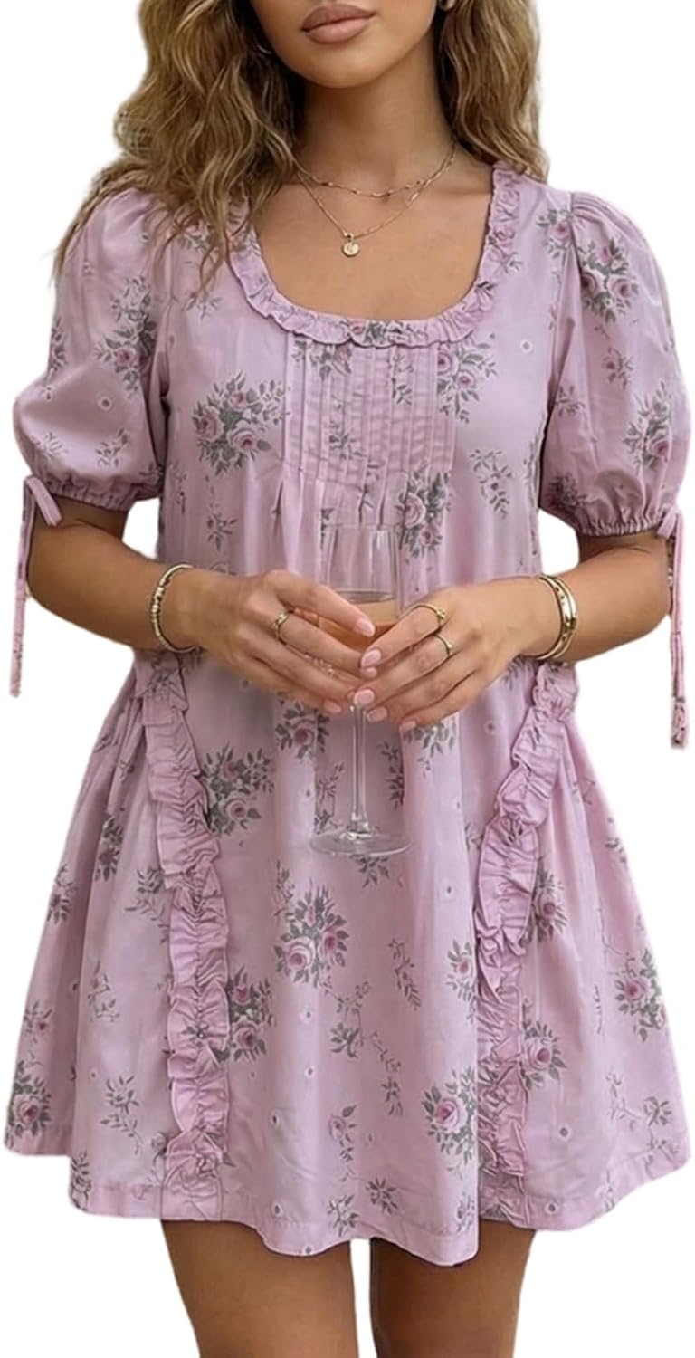 QLQLWDD Women Square Neck Babydoll Mini Dress Y2k Puff Sleeve Flowy Short Dress Loose Bow Tie Ruffle Trim Going Out Sundress