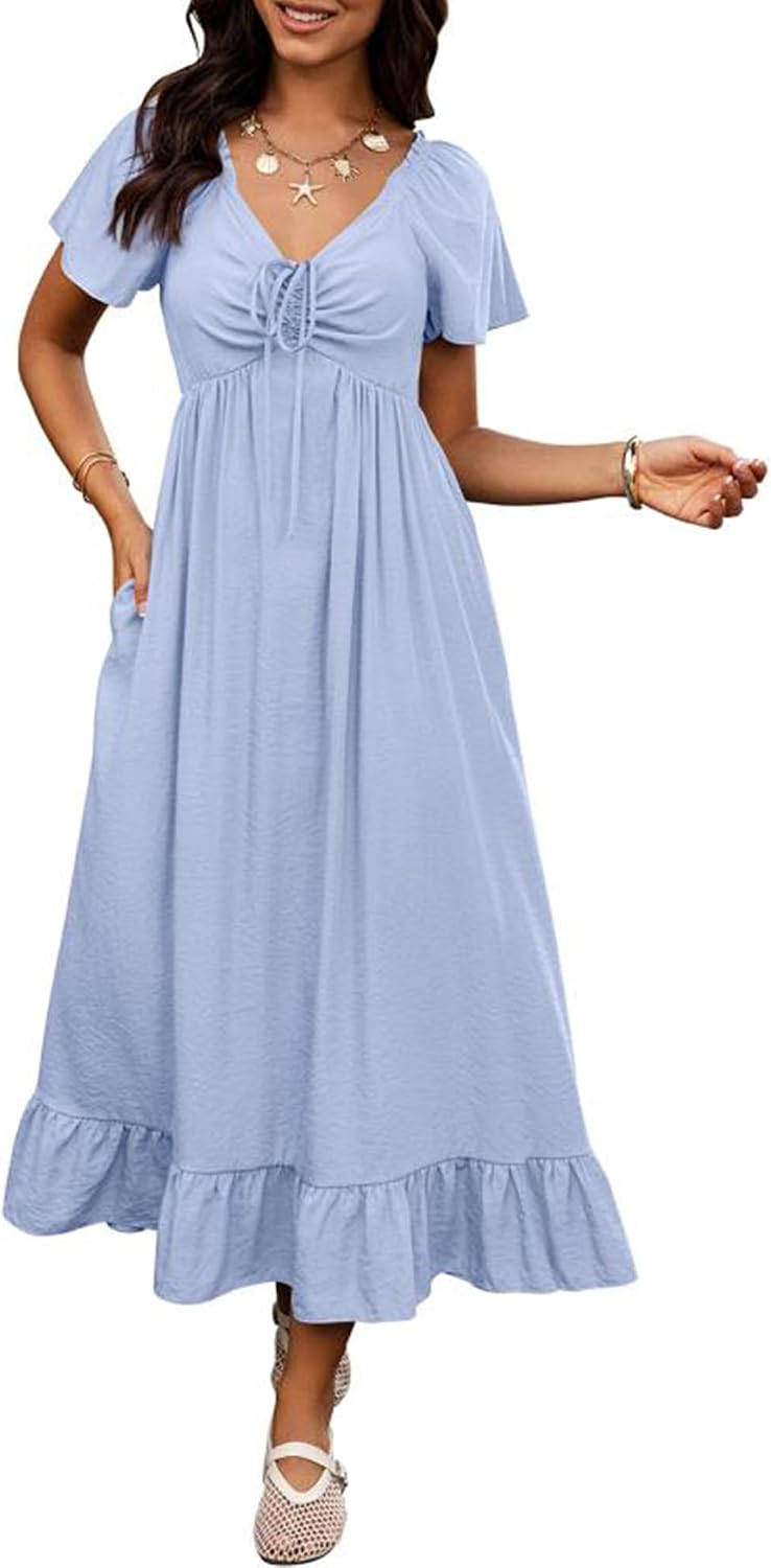 BTFBM Womens Summer Dresses 2026 Wedding Guest Maxi Dress | Short Sleeve, V Neck, Drawstring,A-Line,Loose Fit,Solid,Cocktail,Party,Boho Beach Long Dress,Prom,Beach Vacation Clothes