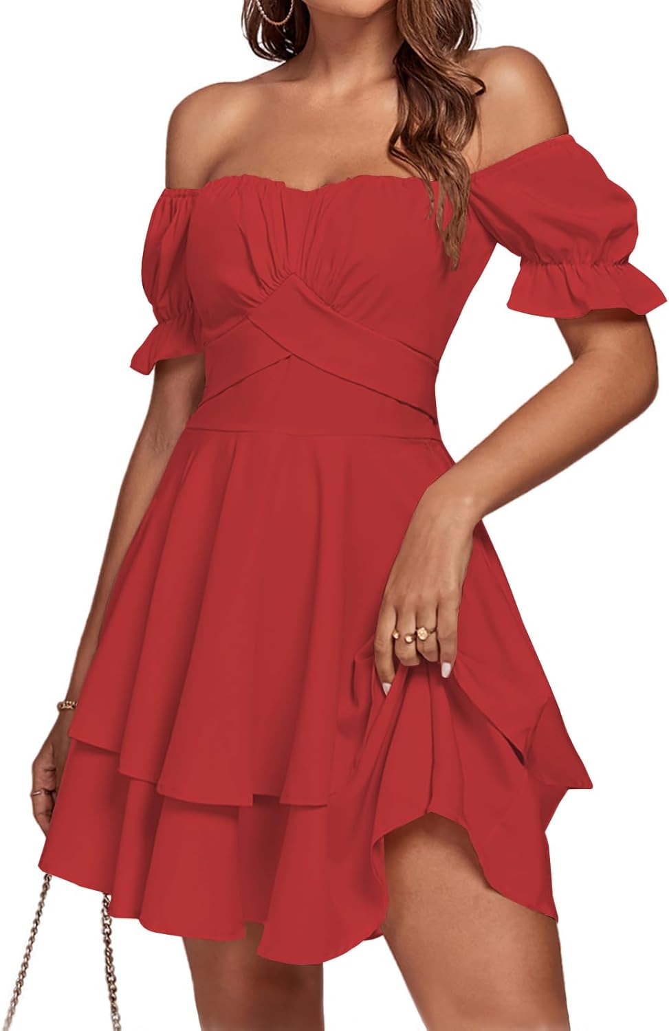 LYANER Women's Off Shoulder Casual Dress | Summer Tie Back Wrap Layer Ruffle A Line Short Sleeve Party Elegant Mini Dresses