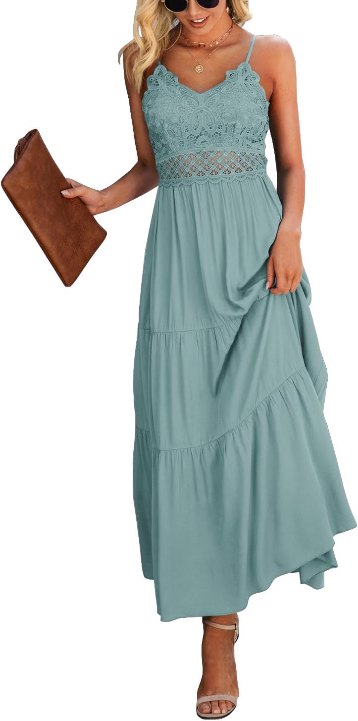Dokuritu Women's Beach Crochet Lace Maxi Dress Solid Color Summer Vacation Wedding Guest Spaghetti Strap Long Dress