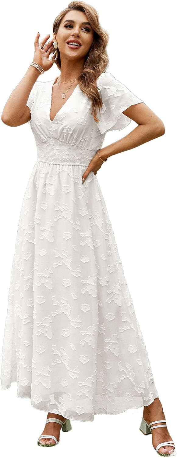 Floral V-Neck Short-Sleeve Maxi Dress in White