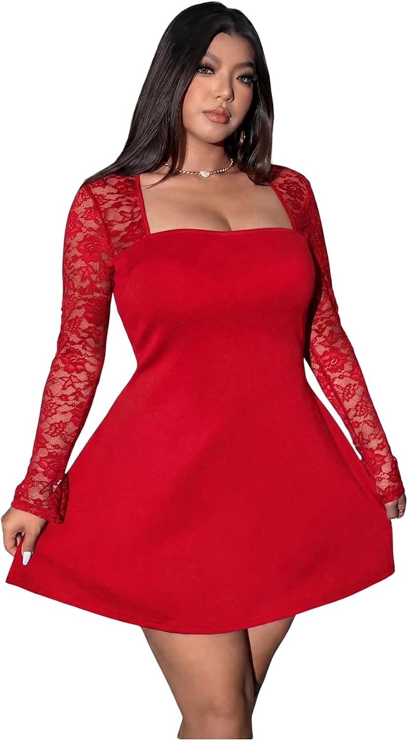 Floerns Women's Plus Size Lace Sheer Long Sleeve Square Neck Mini Dresses | A Line, Curvy, Flare, Birthday, Night Out, Party, Wedding Guest, Formal, Mini Dress