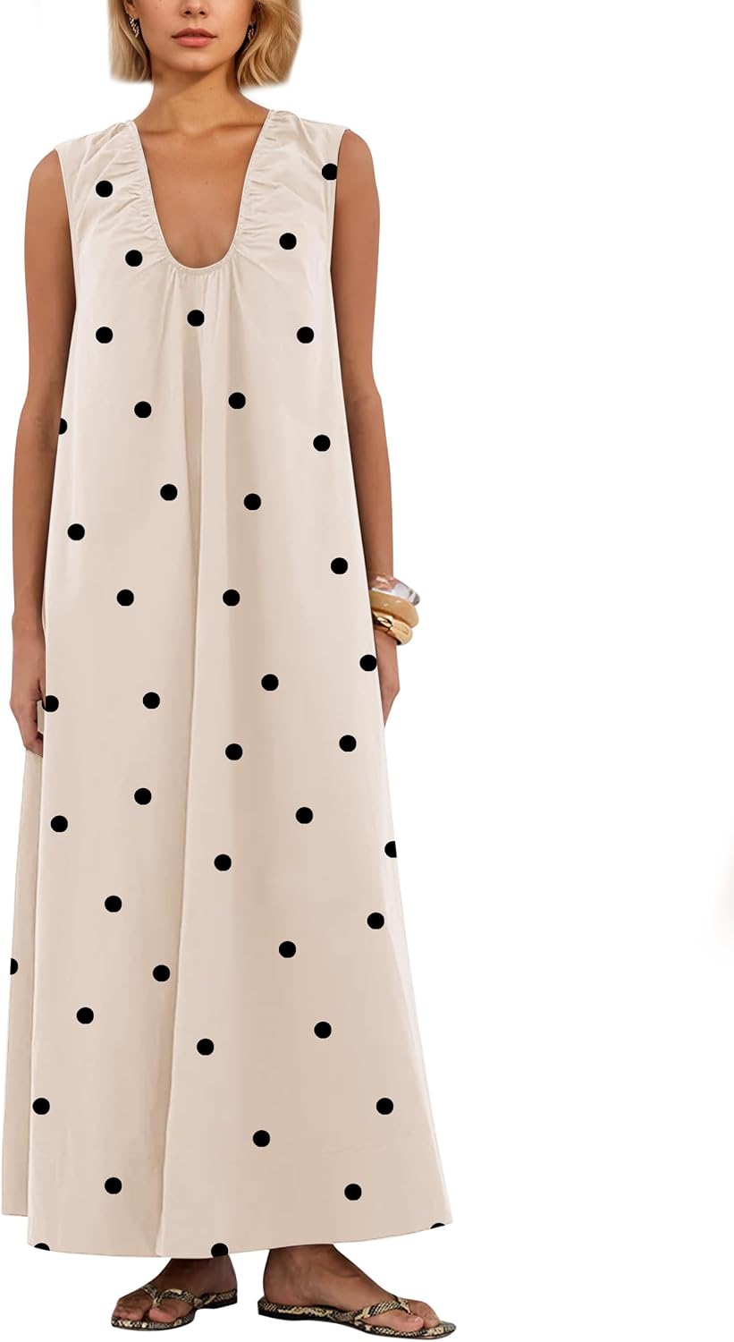 Ardrem Women Sleeveless Ruched Maxi Dress Scoop Neck Long Elegant Dresses Wide Shoulder Strap Blouse Dress with Side Pockets