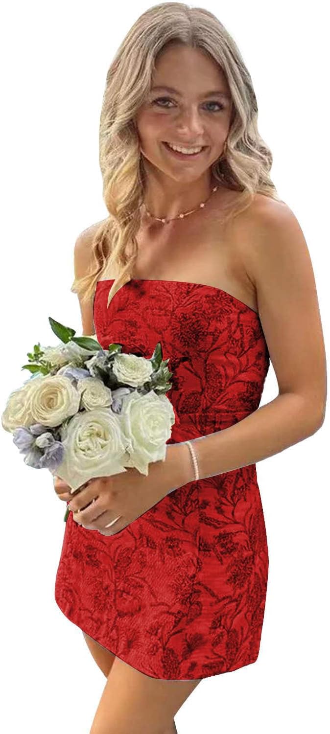 Flybridal Floral Mini Strapless Homecoming Cocktail Dress | Short Prom Graduation Birthday Party Dresses, Semi Formal Wedding Guest Outfit, Built in Bra, Lace-up and Zipper Closure