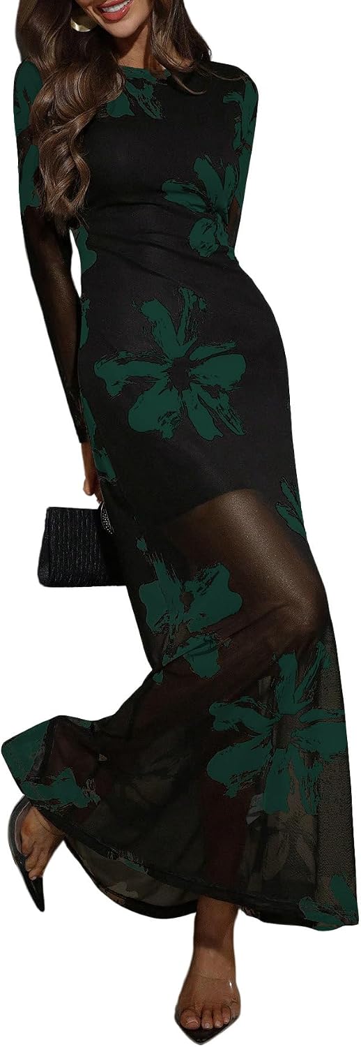 Floral Long-Sleeve Bodycon Maxi Dress in Black And Green