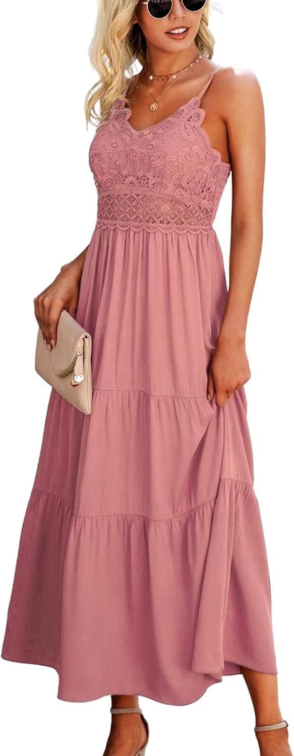 Dokuritu Women's Beach Crochet Lace Maxi Dress Solid Color Summer Vacation Wedding Guest Spaghetti Strap Long Dress