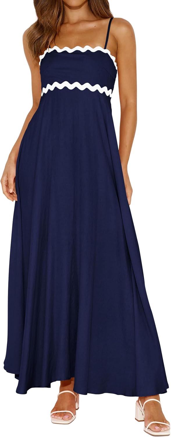 PRETTYGARDEN Women Spaghetti Strap Boho Maxi Dresses Flowy | Sleeveless Smocked Long Dress, Striped Trim Flowy Dress Pockets, Elegant Square Neck Beach Sundress, Casual Summer Outfits