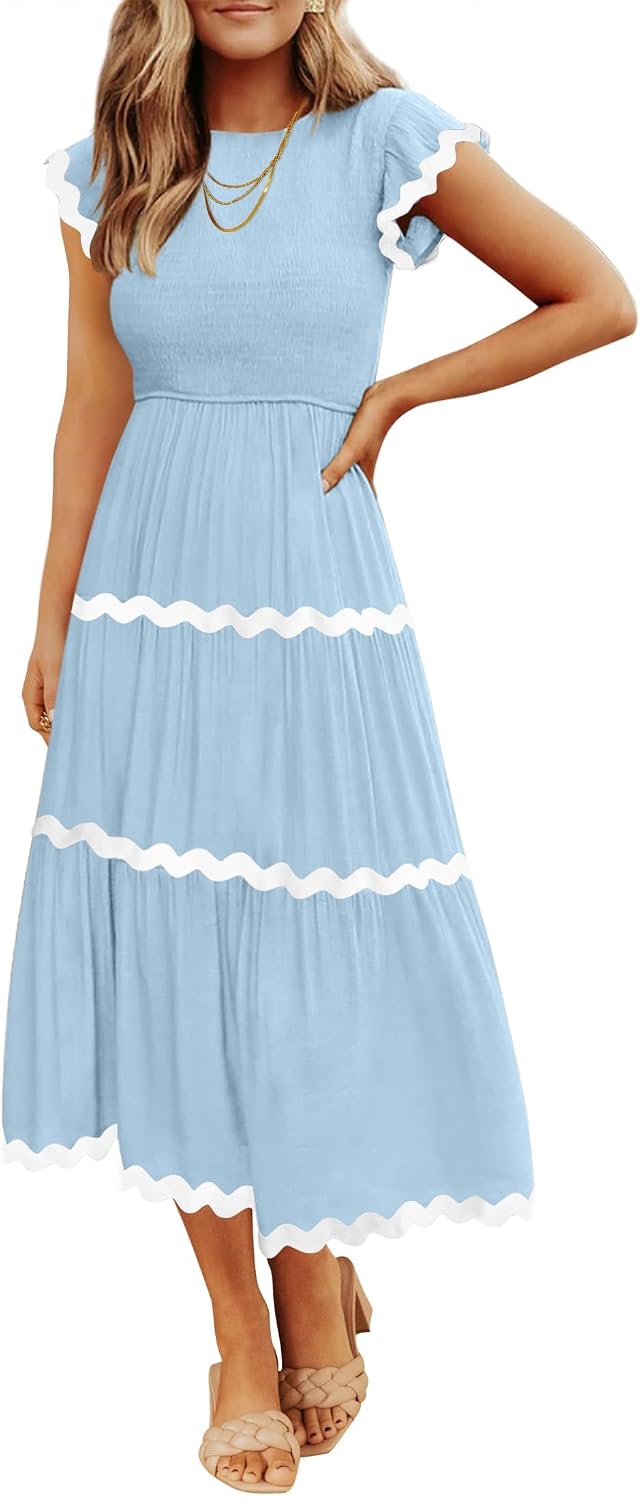Crew-Neck Short-Sleeve Tiered Midi Dress in Blue