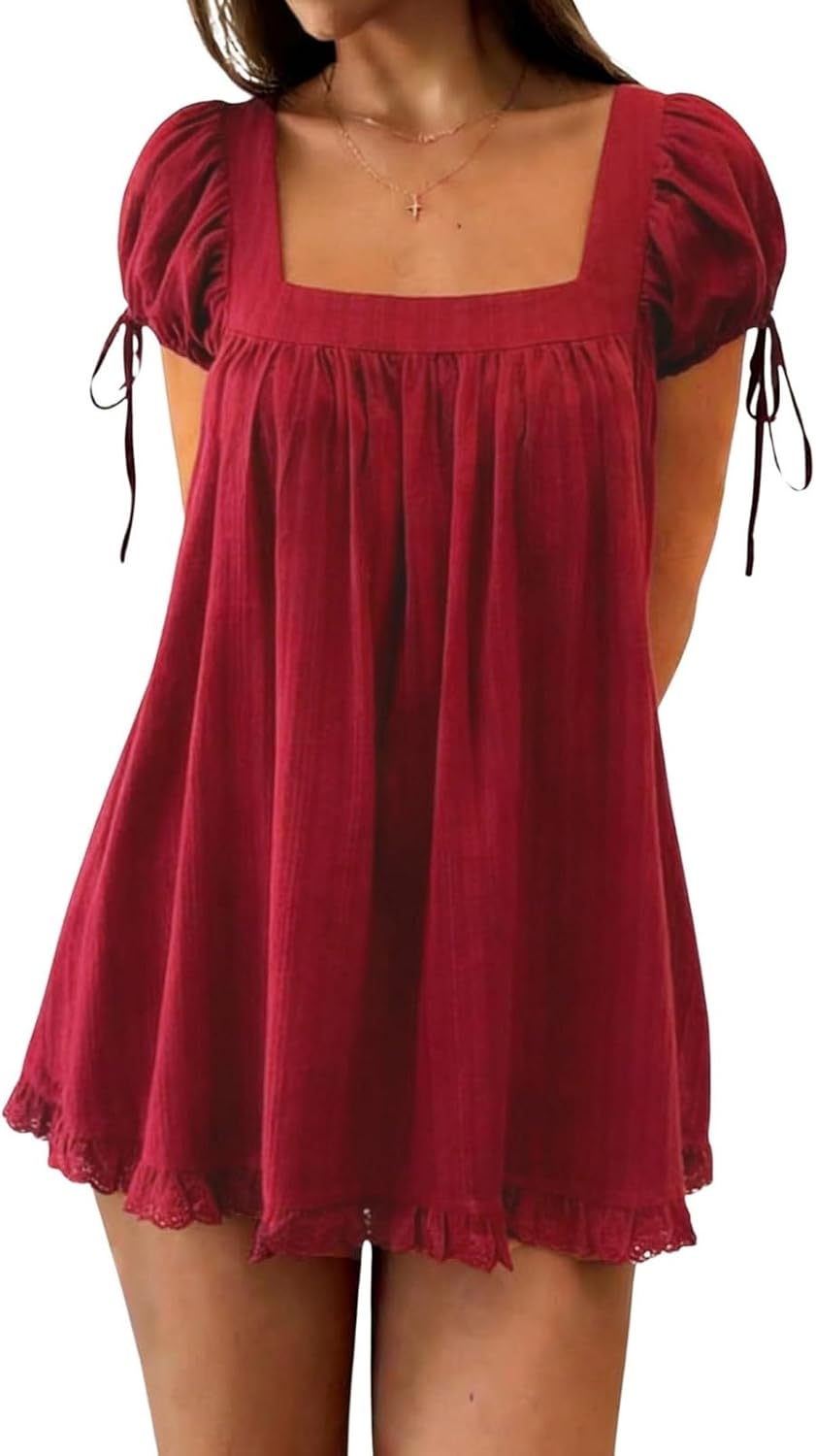 QLQLWDD Women Square Neck Babydoll Mini Dress Y2k Puff Sleeve Flowy Short Dress Loose Bow Tie Ruffle Trim Going Out Sundress