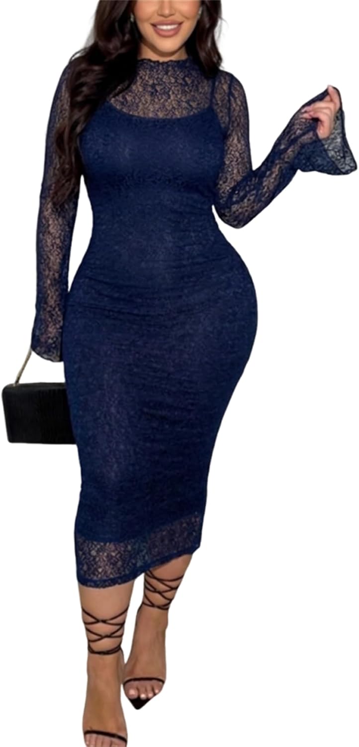 Women\u2019s Lace Bodycon Midi Dress Long Sleeve Cocktail Wedding Guest Dress | Soft Stretch Sheer Lace,Curve-hugging Bodycon Fit,Elegant Midi Dress for Birthday,Party Club,Date Night,Prom Dress