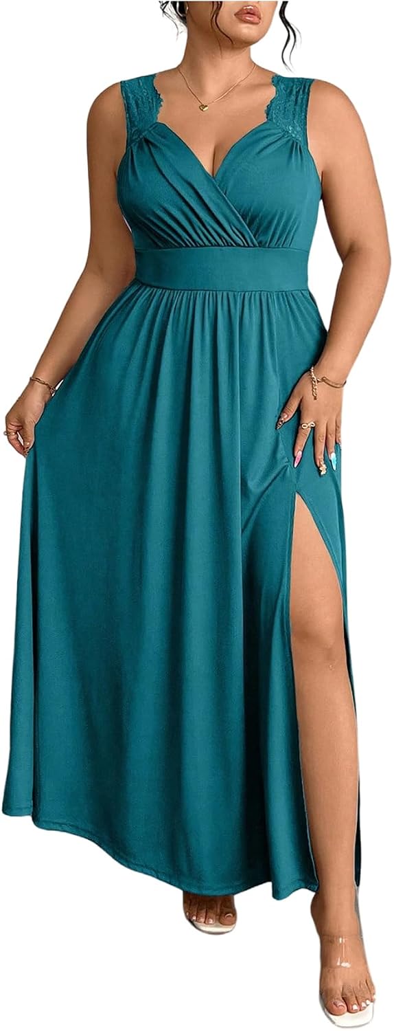 OYOANGLE Women's Plus Size Formal Evening Maxi Dress Wedding Guest Party | High Slit ,Split Side Sleeveless Wrap V Neck Lace Trim Sleeveless Long Cocktail Dress,Summer