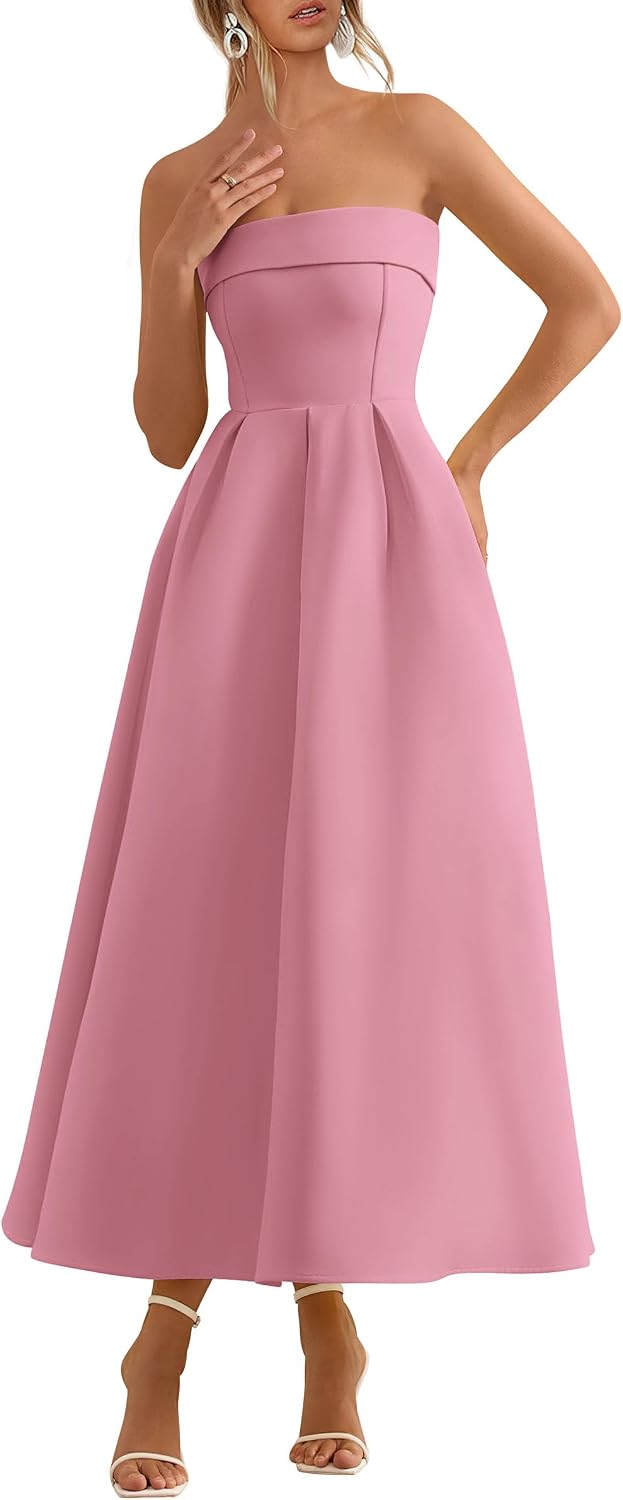 Tube-Top Strapless Midi Cocktail Dress in Pink