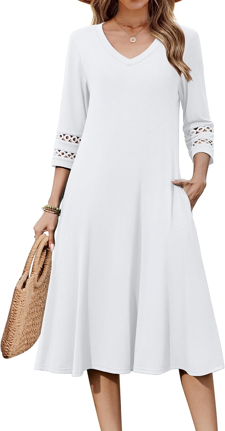 Eyelet V-Neck 3/4-Sleeve A-Line Midi Dress in White