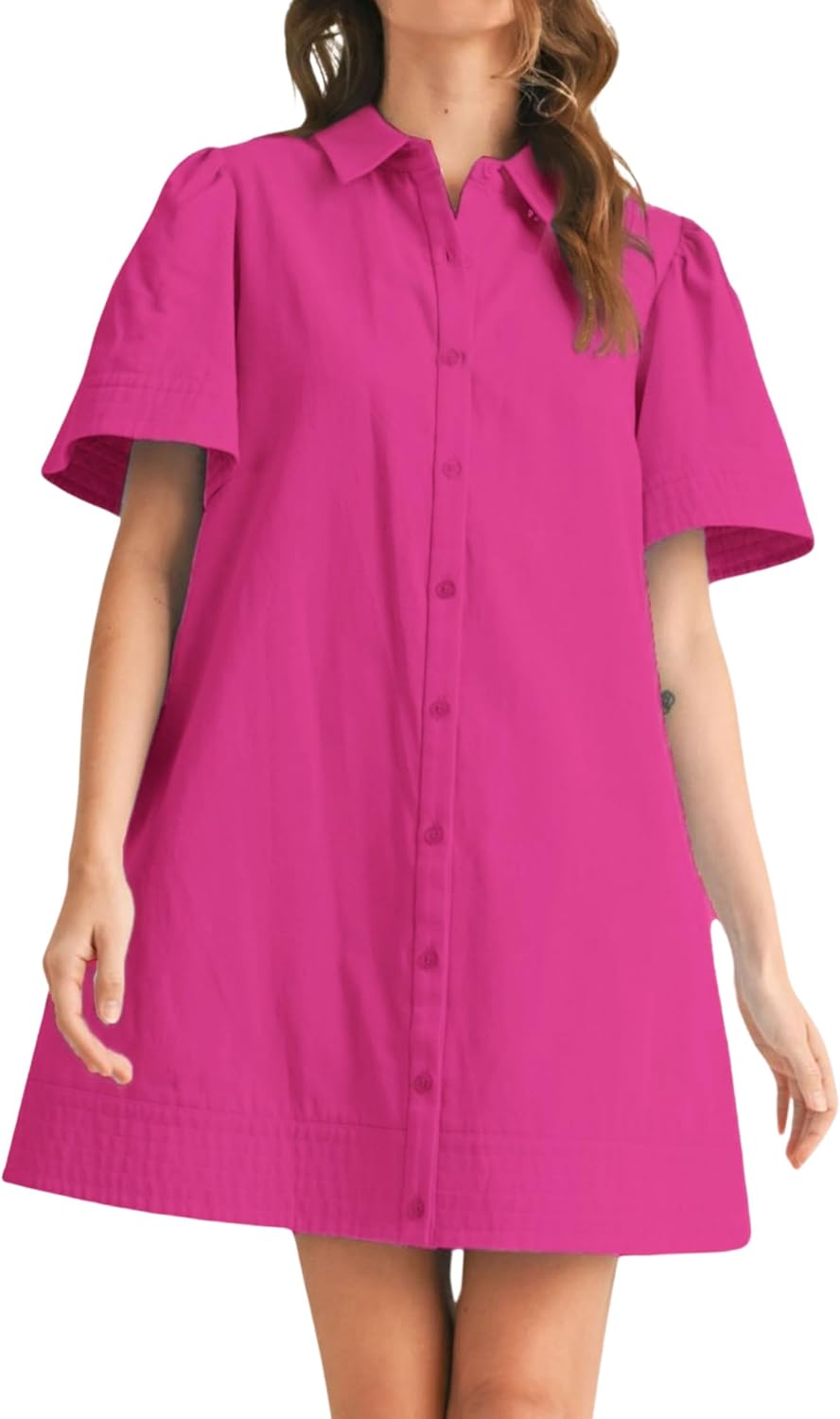 Meyhad Womens Short Sleeve Button Down Mini Shirt Dress Lapel Collar Short Dresses with Pocket