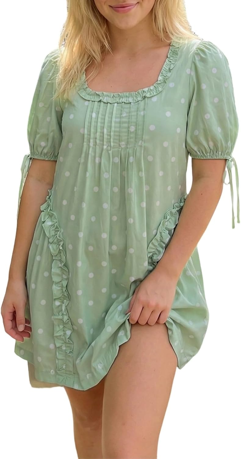 QLQLWDD Women Square Neck Babydoll Mini Dress Y2k Puff Sleeve Flowy Short Dress Loose Bow Tie Ruffle Trim Going Out Sundress