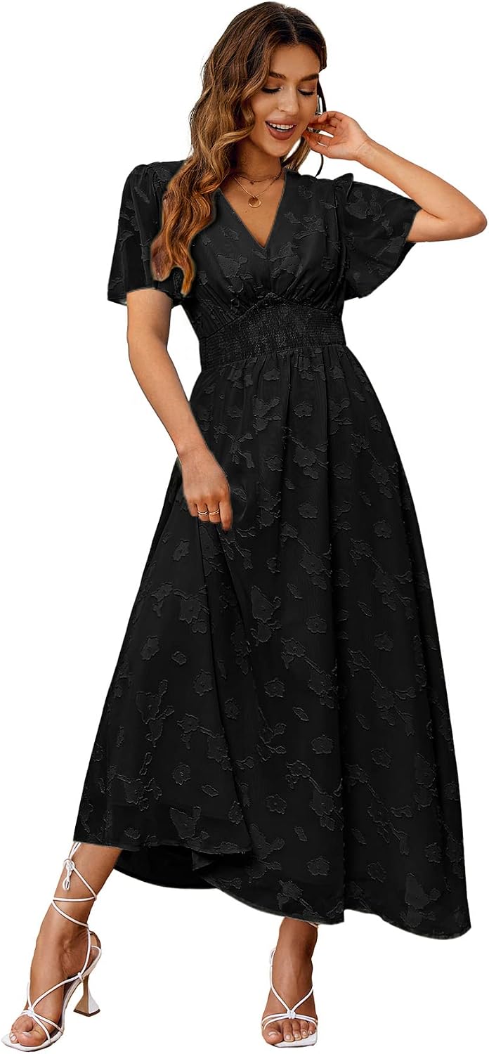 Floral V-Neck Short-Sleeve Maxi Dress in Black