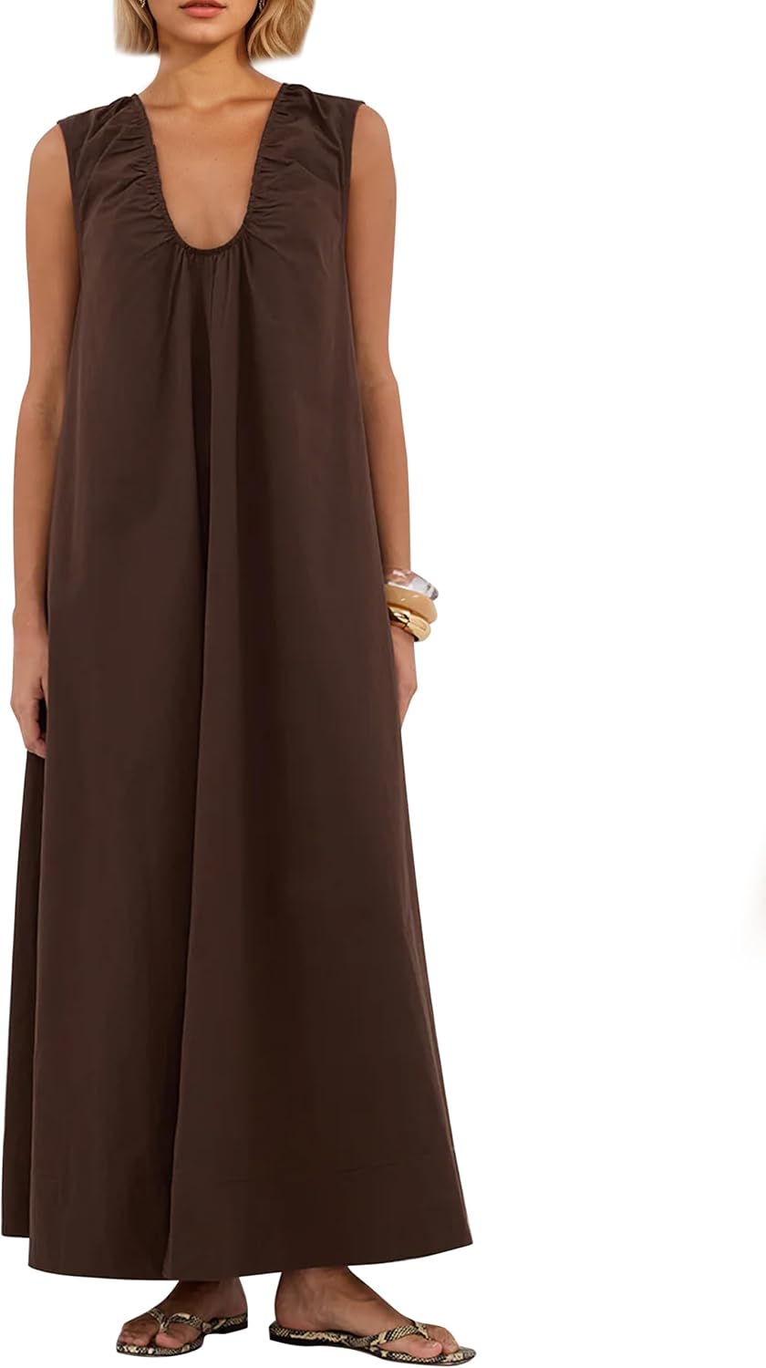 Ardrem Women Sleeveless Ruched Maxi Dress Scoop Neck Long Elegant Dresses Wide Shoulder Strap Blouse Dress with Side Pockets
