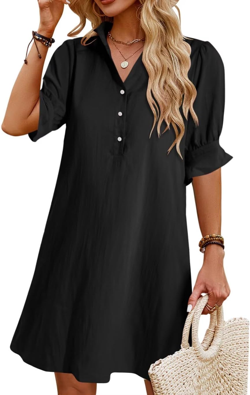 JPGLOV Womens Summer Shirt Mini Beach Dresses | Button Down Shift Dress,Ruffle Short Sleeve,Floral Boho Style,Side Pockets,Casual Vacation Hawaiian Wedding Guest Outfits