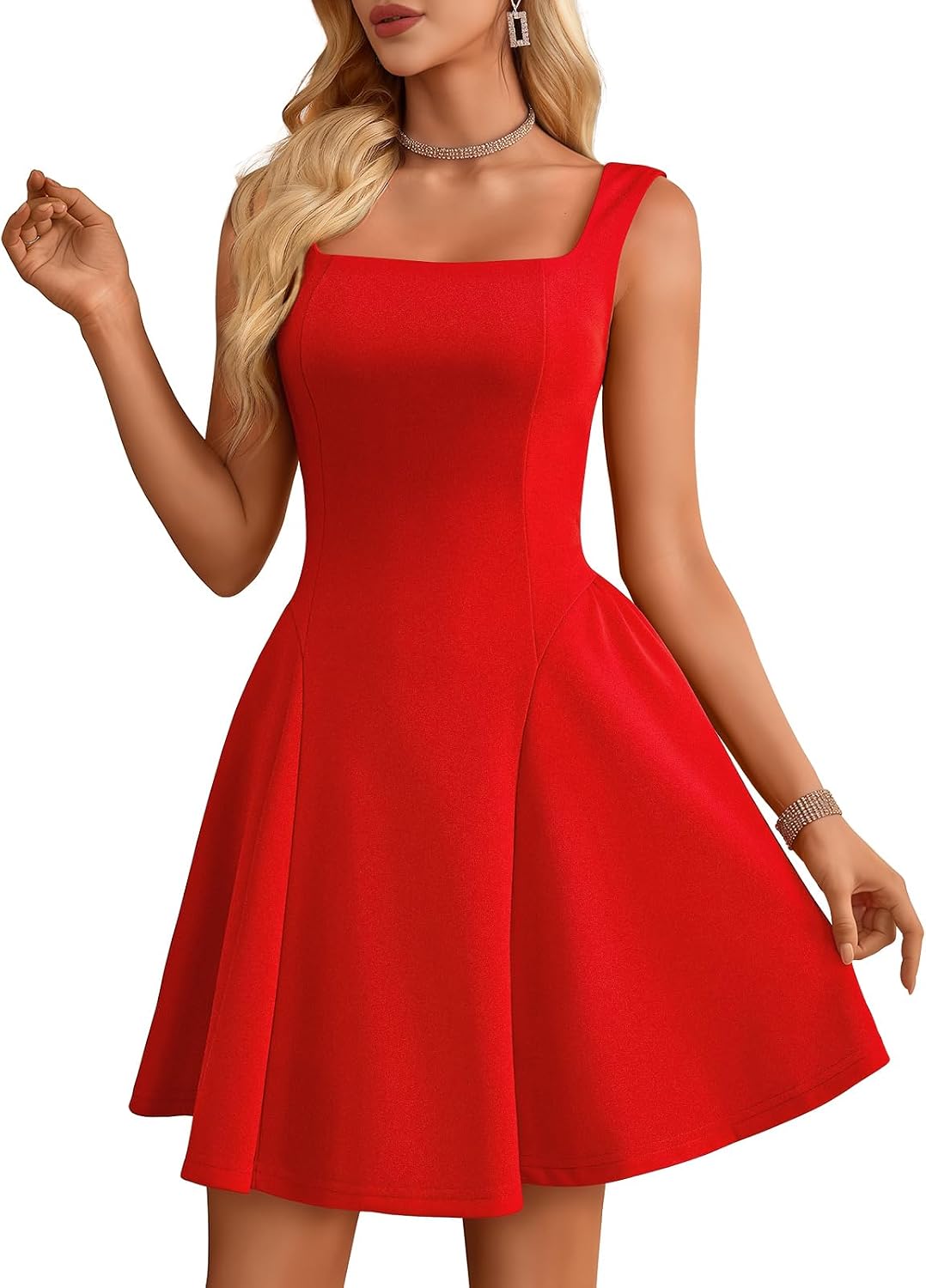 Bbonlinedress Womens Short Formal Wedding Guest Cocktail Homecoming Dress | Square Neck Sleeveless Semi Formal A-line Mini Dress for Teens, Wedding, Graduation, Birthday, Prom, Summer Party