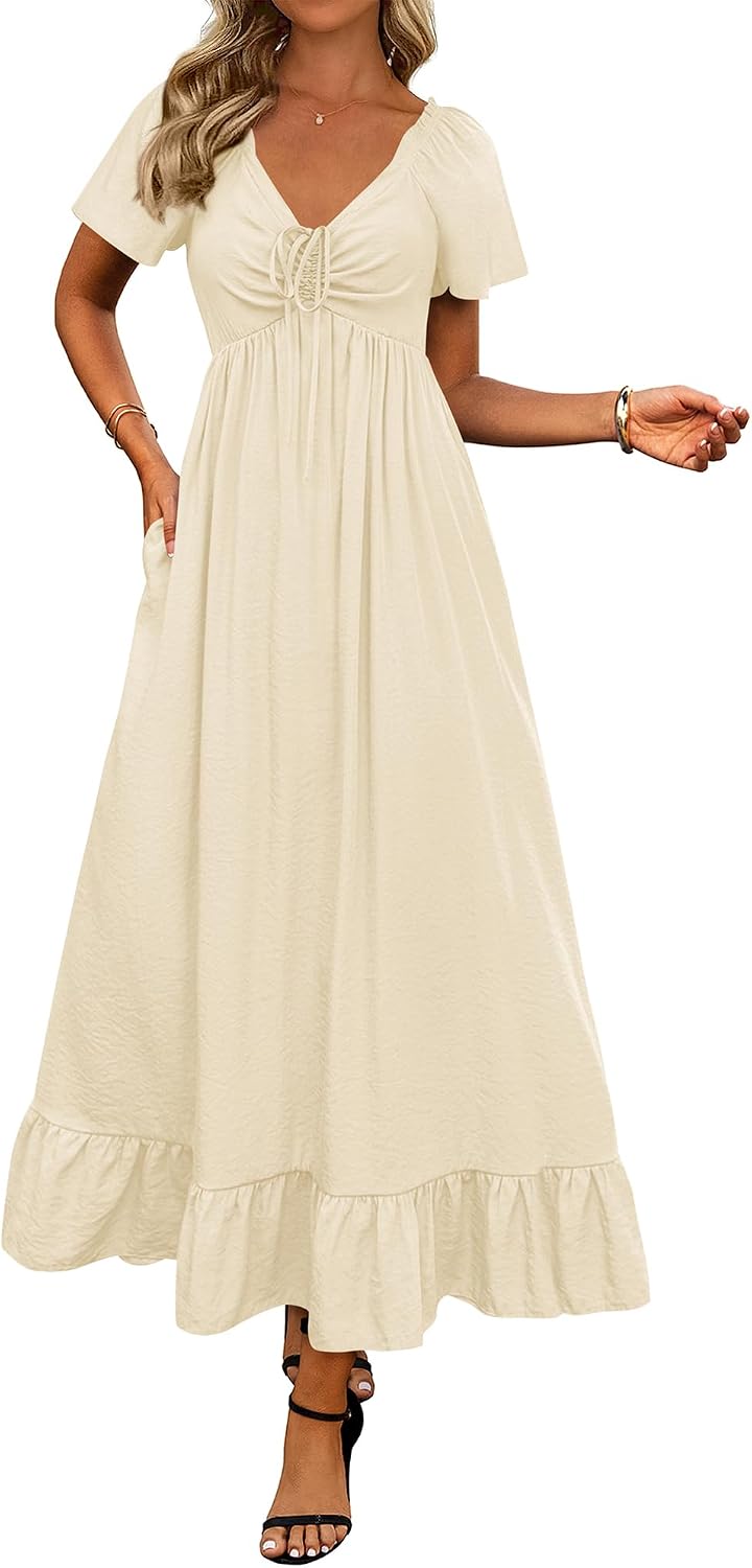 BTFBM Womens Summer Dresses 2026 Wedding Guest Maxi Dress | Short Sleeve, V Neck, Drawstring,A-Line,Loose Fit,Solid,Cocktail,Party,Boho Beach Long Dress,Prom,Beach Vacation Clothes