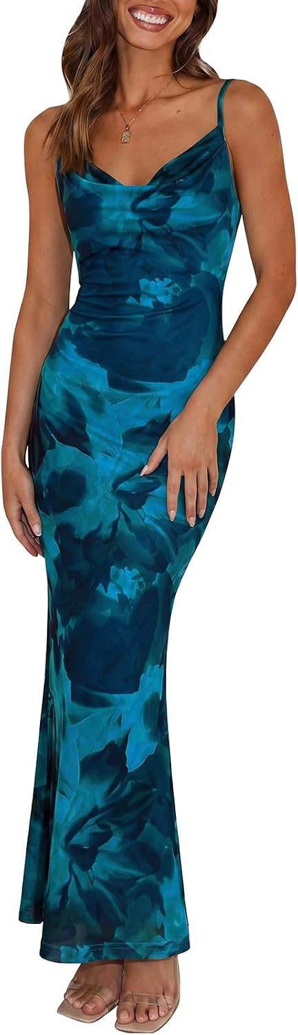 Floral Spaghetti-Strap Bodycon Maxi Dress in Lake Blue