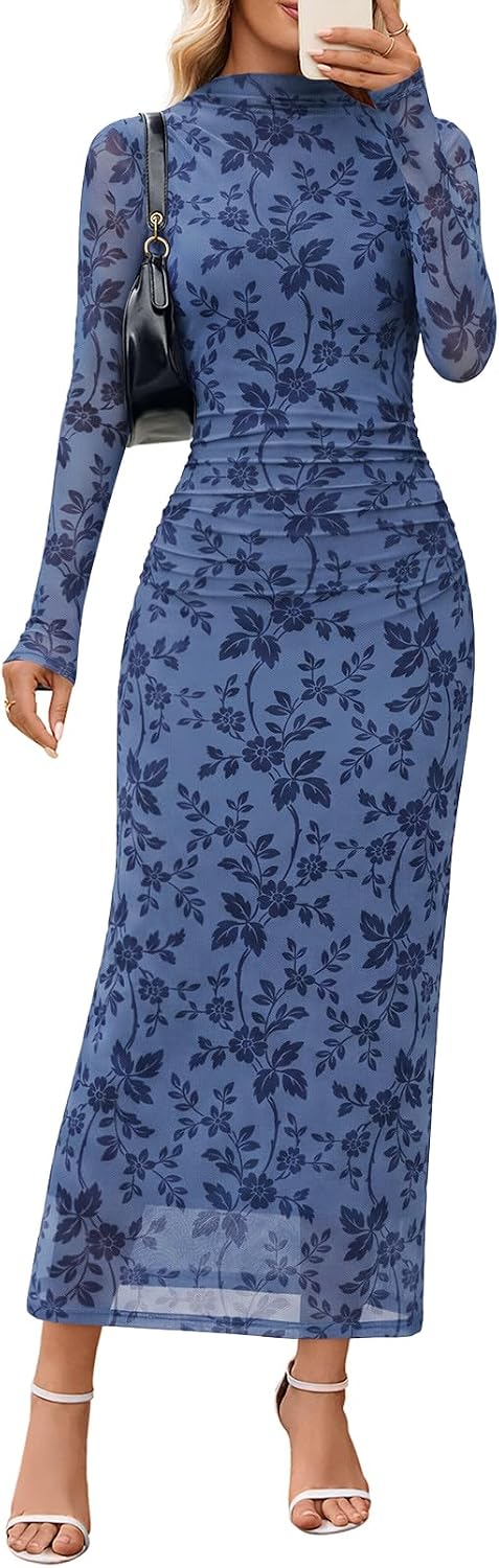 Floral Mesh Long-Sleeve Bodycon Maxi Dress in Dusty Blue