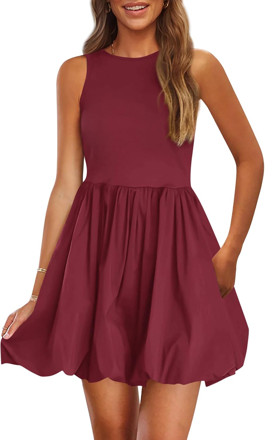 Crew-Neck Sleeveless Mini Dress in Wine Red
