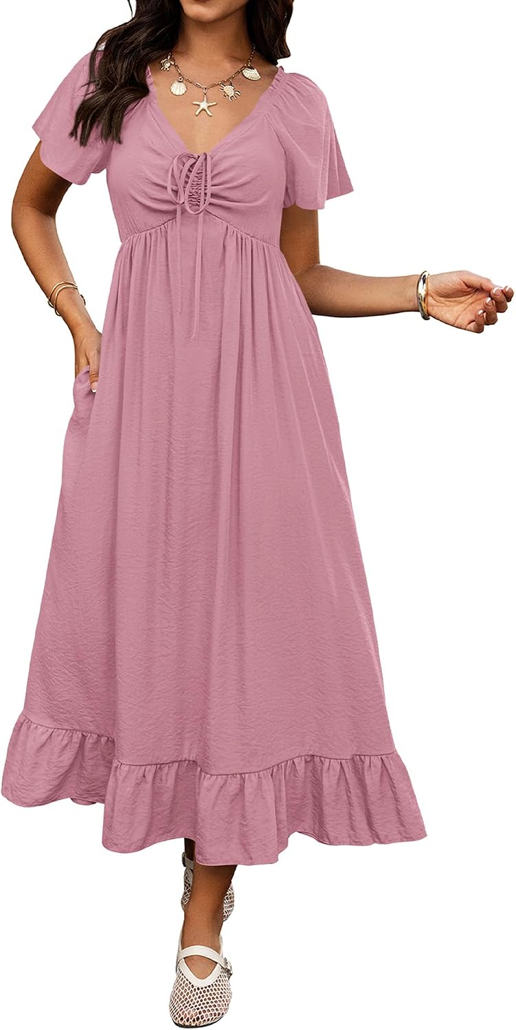 BTFBM Womens Summer Dresses 2026 Wedding Guest Maxi Dress | Short Sleeve, V Neck, Drawstring,A-Line,Loose Fit,Solid,Cocktail,Party,Boho Beach Long Dress,Prom,Beach Vacation Clothes