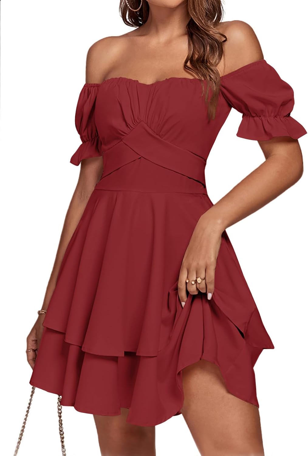 LYANER Women's Off Shoulder Casual Dress | Summer Tie Back Wrap Layer Ruffle A Line Short Sleeve Party Elegant Mini Dresses