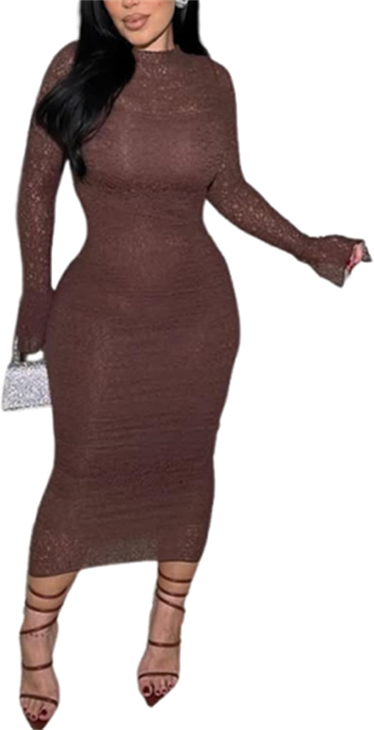Women\u2019s Lace Bodycon Midi Dress Long Sleeve Cocktail Wedding Guest Dress | Soft Stretch Sheer Lace,Curve-hugging Bodycon Fit,Elegant Midi Dress for Birthday,Party Club,Date Night,Prom Dress
