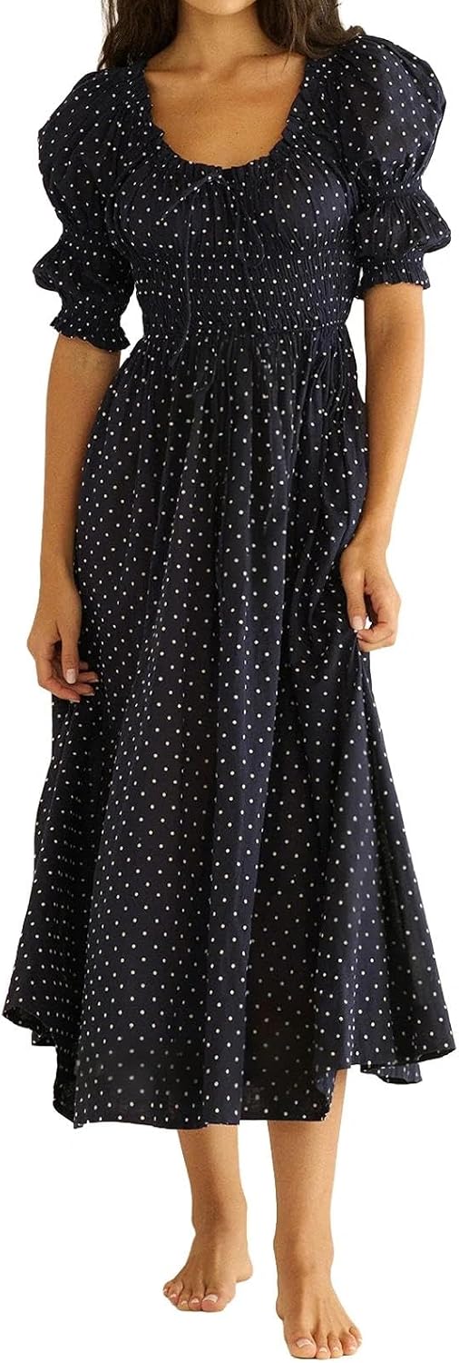 ABYOVRT Women Smocked Dresses Puff Sleeve Off Shoulder Flowy Midi Dress Baby Shower Summer Fall