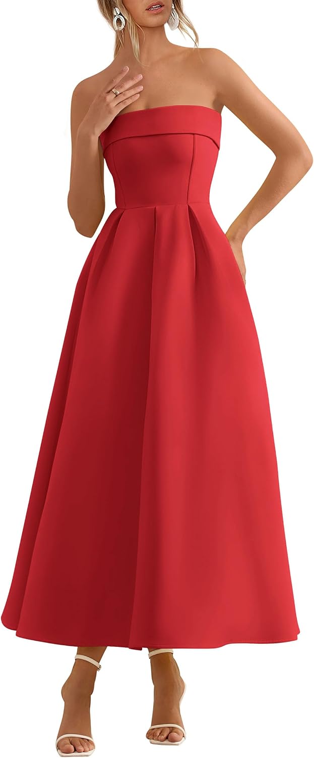 Tube-Top Strapless Midi Cocktail Dress in Red